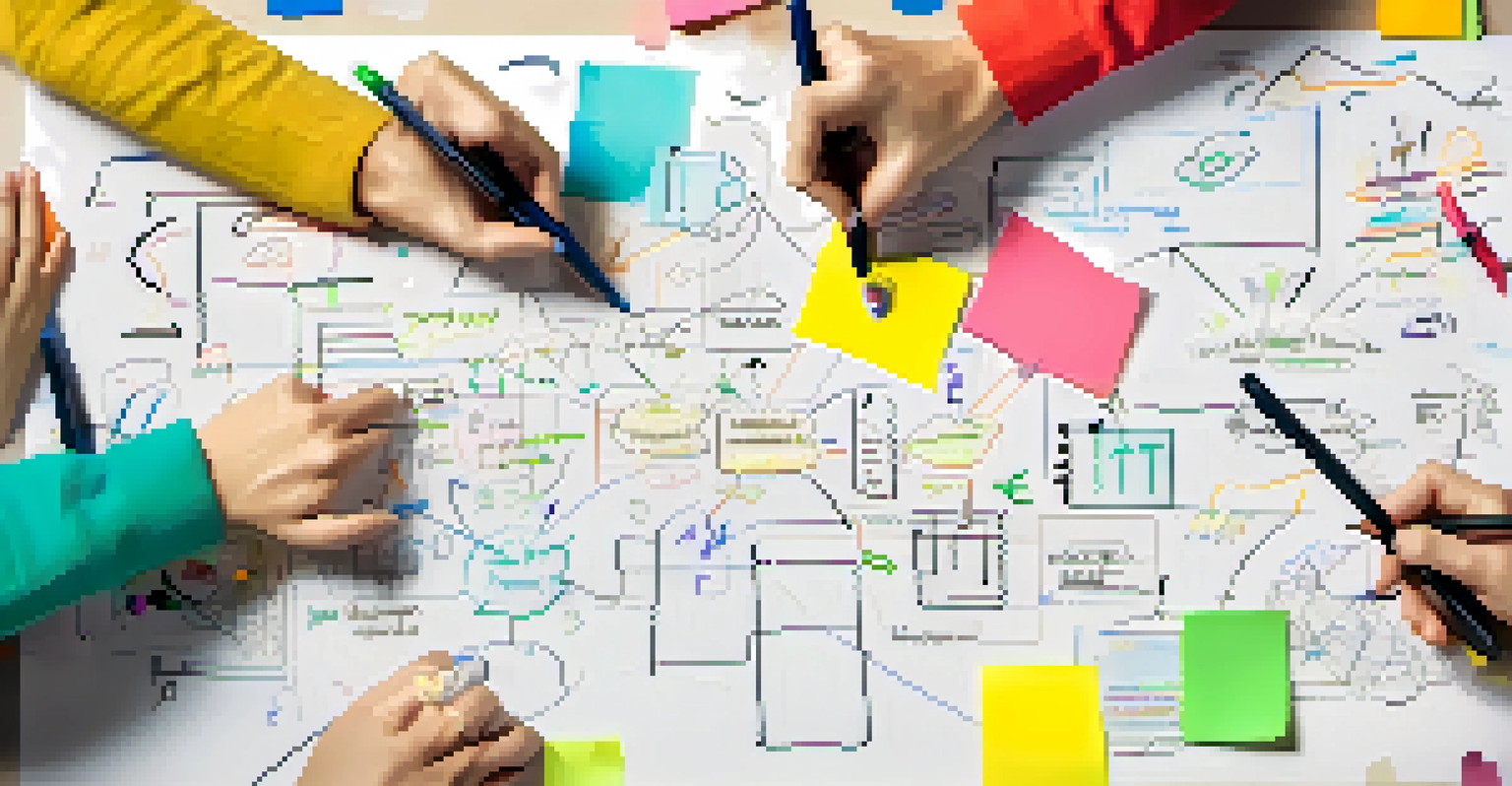 Close-up of hands brainstorming on a whiteboard, showcasing colorful notes and diagrams in a collaborative effort.