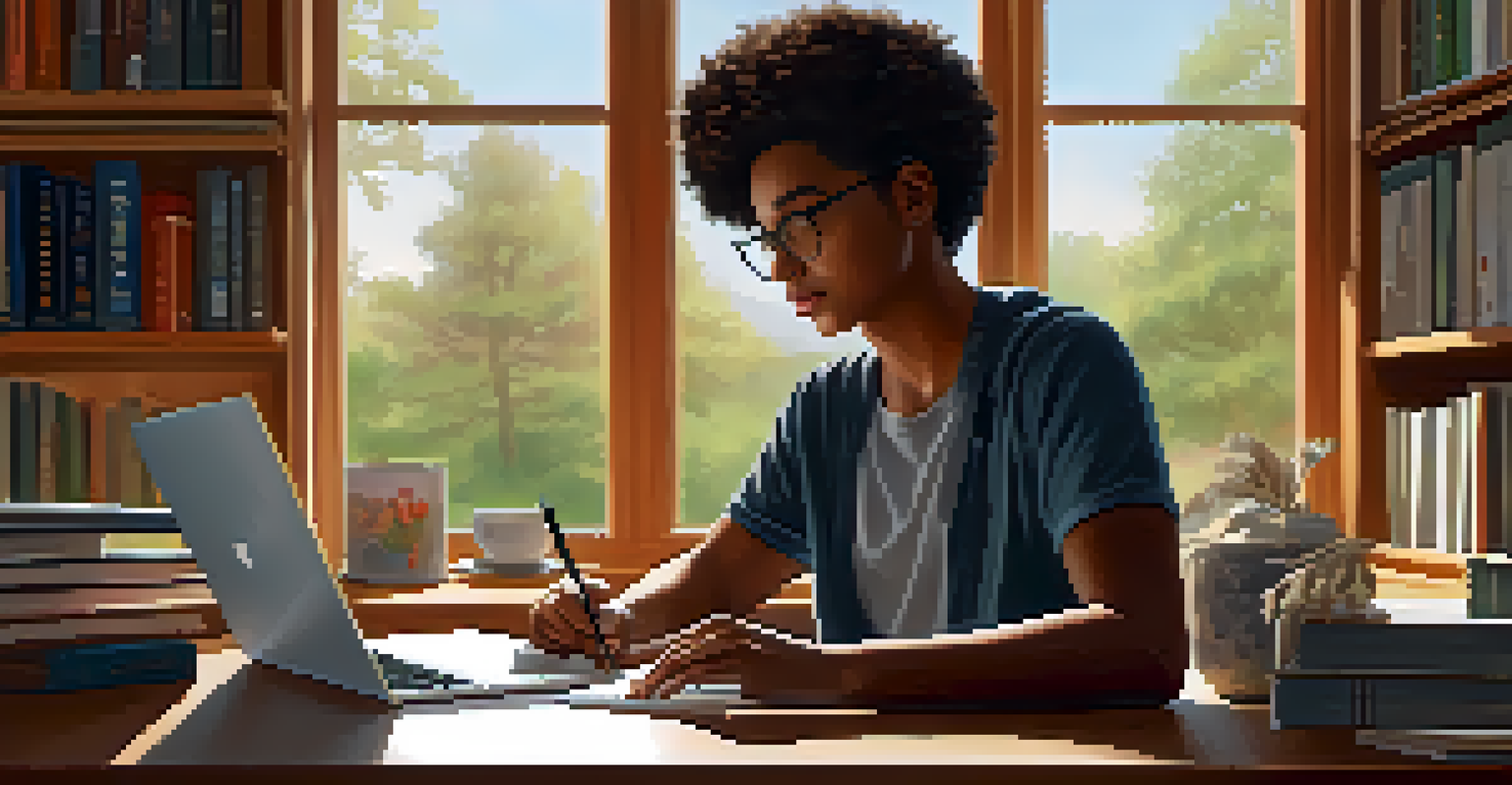A student immersed in study at home, utilizing a laptop with an inviting and organized workspace filled with books and a scenic view.