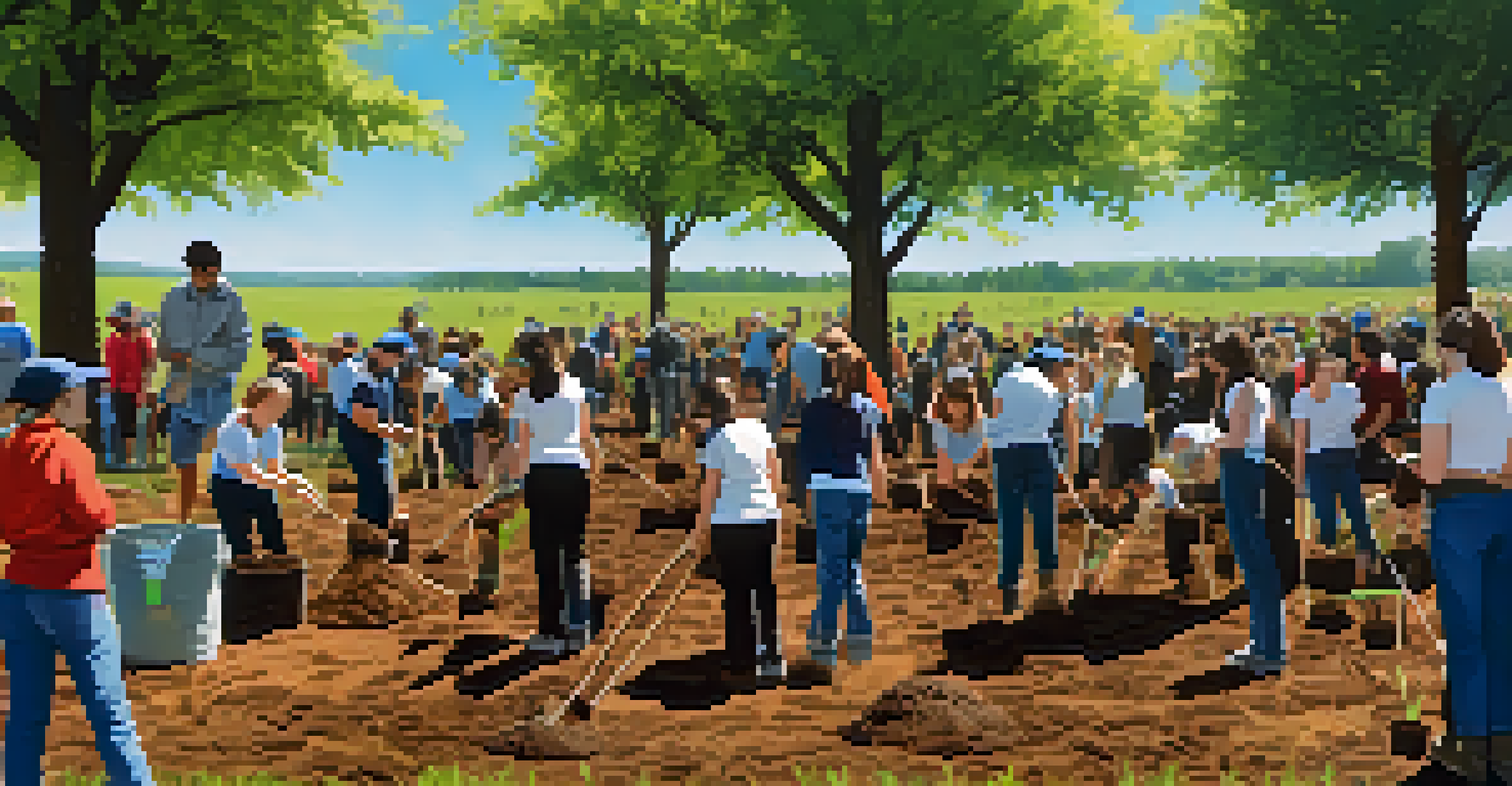 Students and volunteers planting trees together in a sunny park, promoting environmental stewardship.