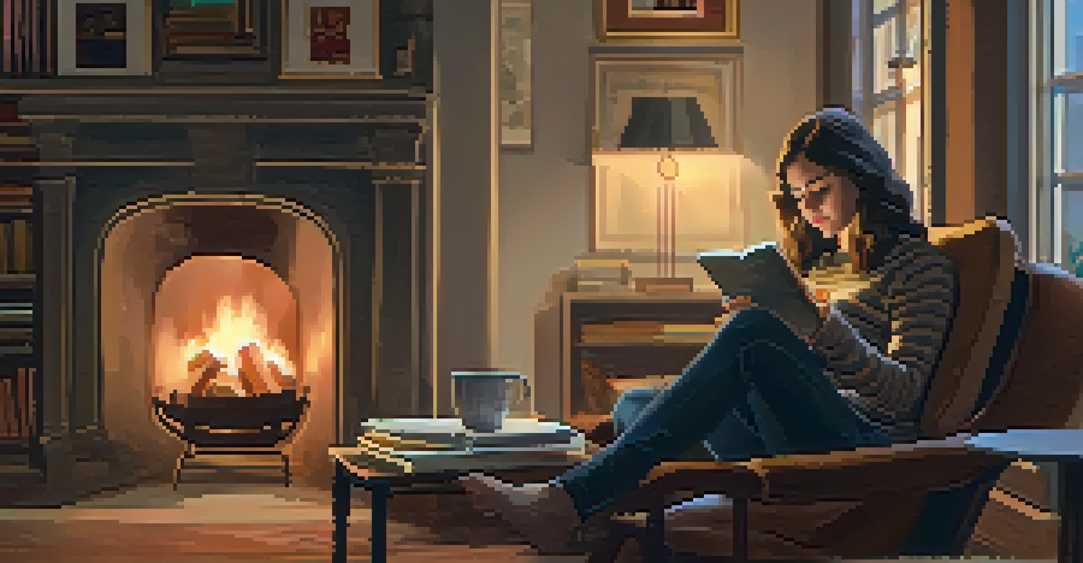 A focused individual using a tablet in a cozy room, with a warm cup of coffee and a bookshelf in the background.