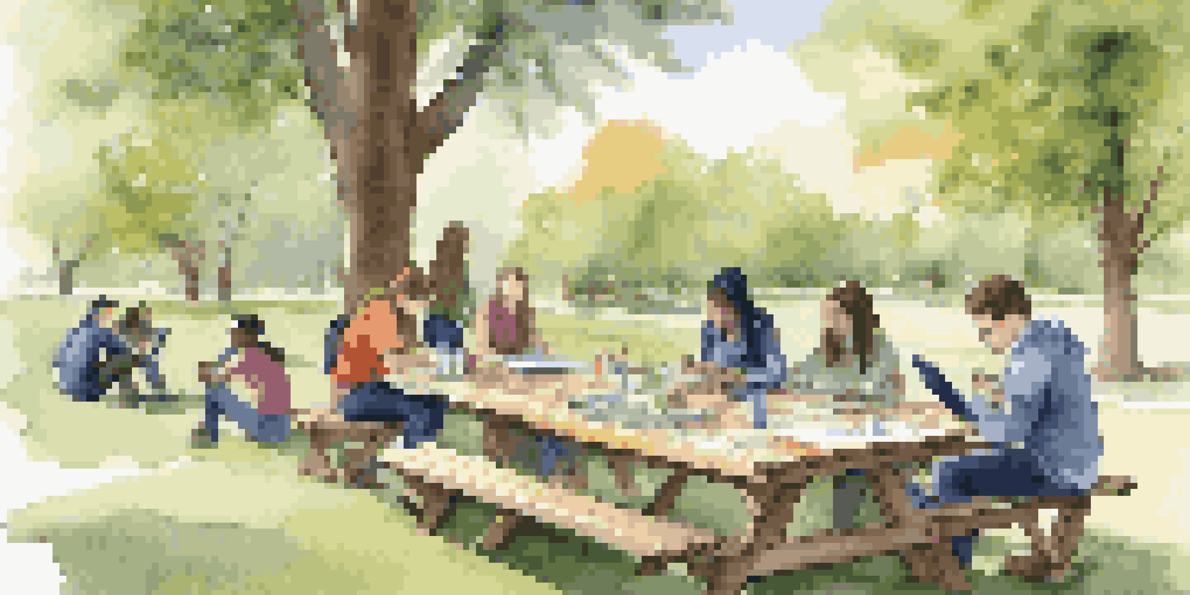 Students working together outdoors at a picnic table, engaged in a team-building activity surrounded by nature.