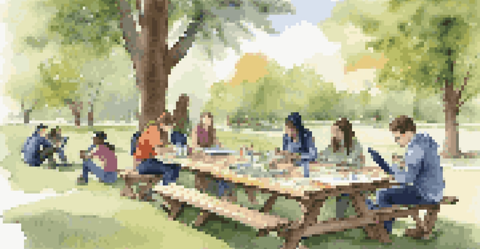 Students working together outdoors at a picnic table, engaged in a team-building activity surrounded by nature.