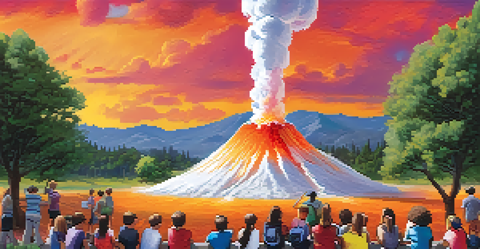 Students observing a colorful baking soda and vinegar volcano experiment in an outdoor setting.