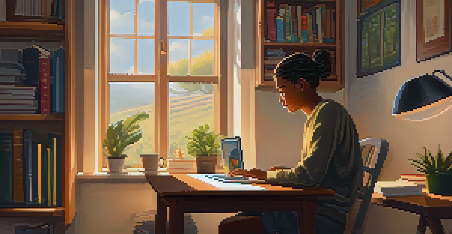 A student in a cozy home study space attending an online class on a laptop, surrounded by books and plants.