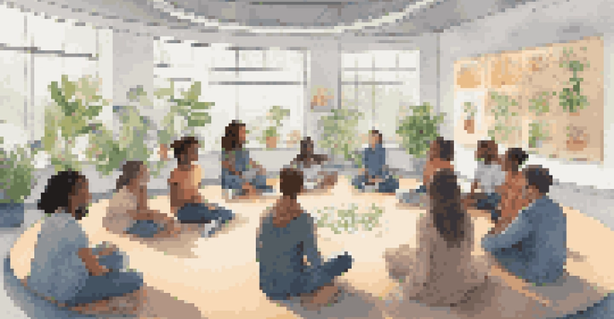 A diverse group of students sitting in a circle discussing ethical AI in a bright classroom, with a teacher facilitating the conversation.