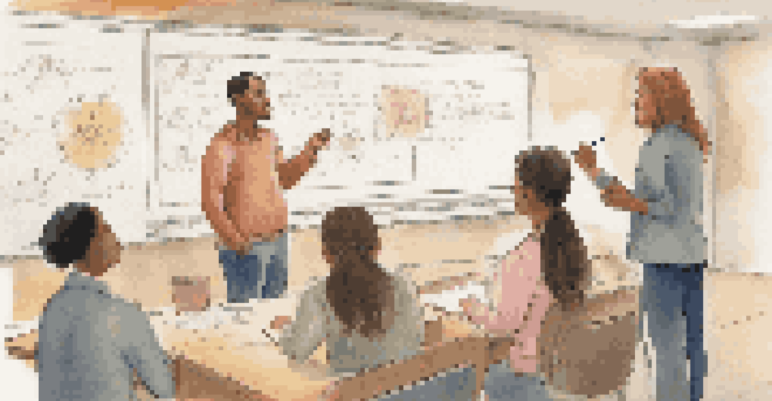 A diverse group of students in a classroom, engaged in a mentoring session with a mentor pointing at a whiteboard.