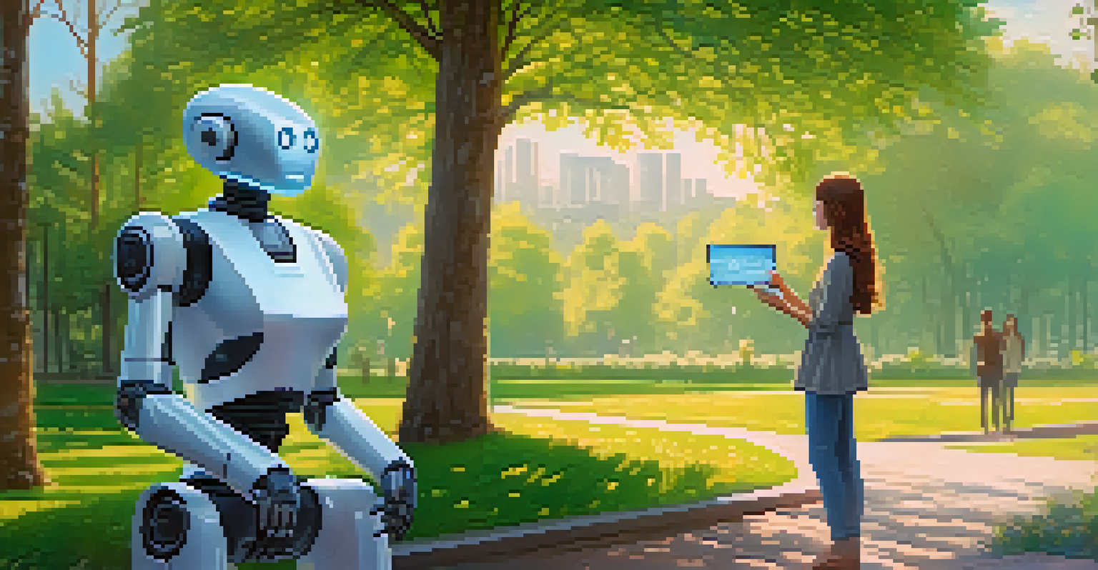 A young woman in a park interacting with a friendly AI robot displaying privacy settings, with green trees and blue sky in the background.