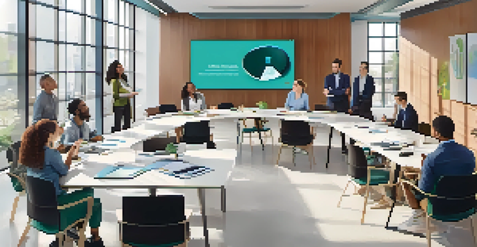 A diverse group of professionals in a bright office setting participating in a microlearning session, with a video screen and modern furniture.