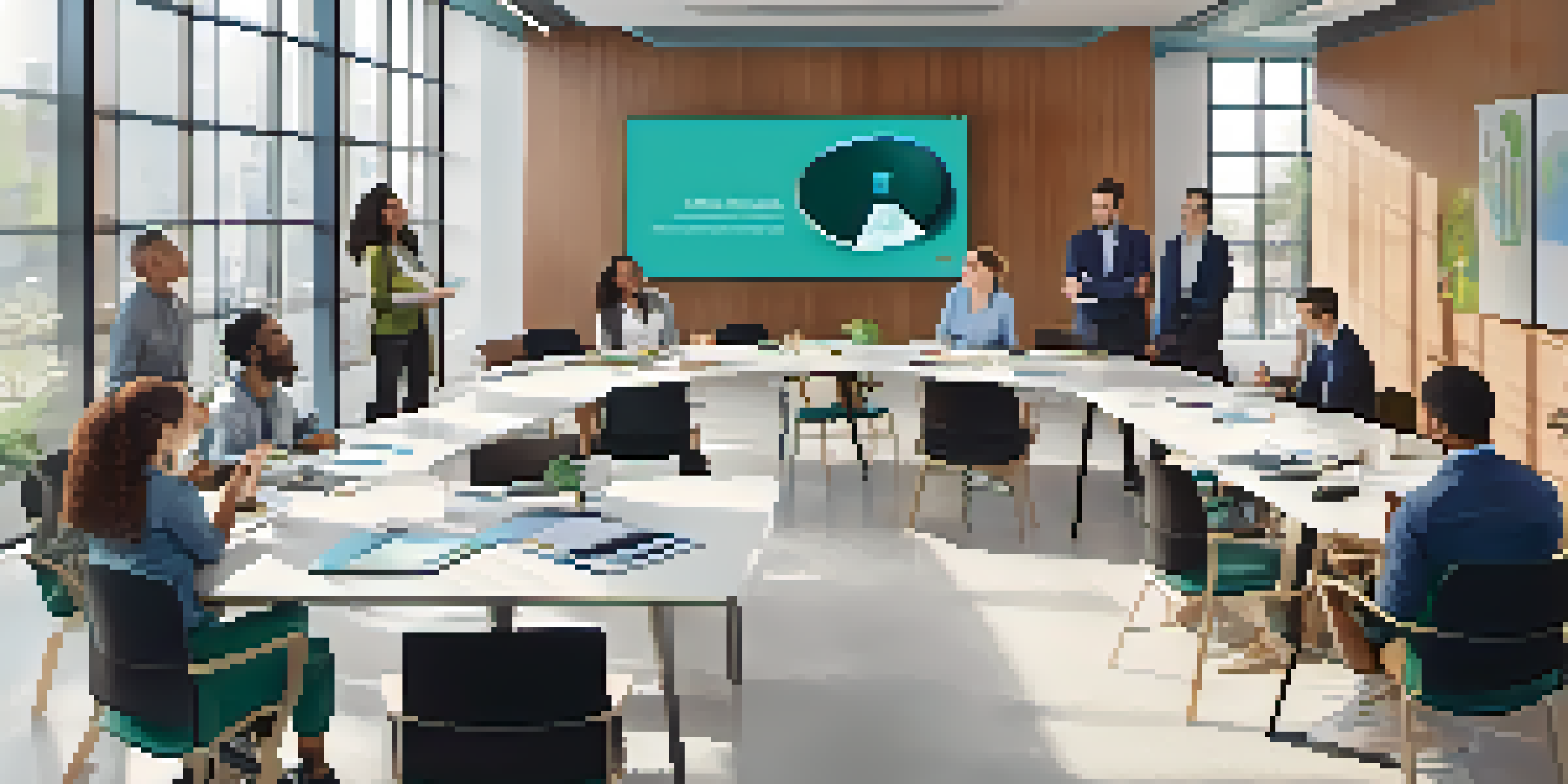 A diverse group of professionals in a bright office setting participating in a microlearning session, with a video screen and modern furniture.