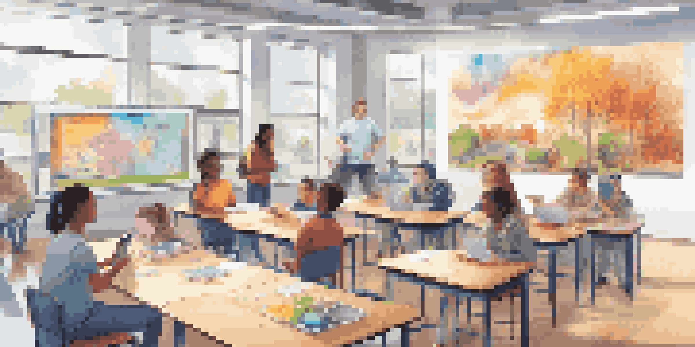 A vibrant classroom filled with diverse students collaborating around a table, using tablets for Augmented Reality learning, with a teacher guiding them.