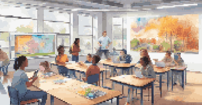 A vibrant classroom filled with diverse students collaborating around a table, using tablets for Augmented Reality learning, with a teacher guiding them.