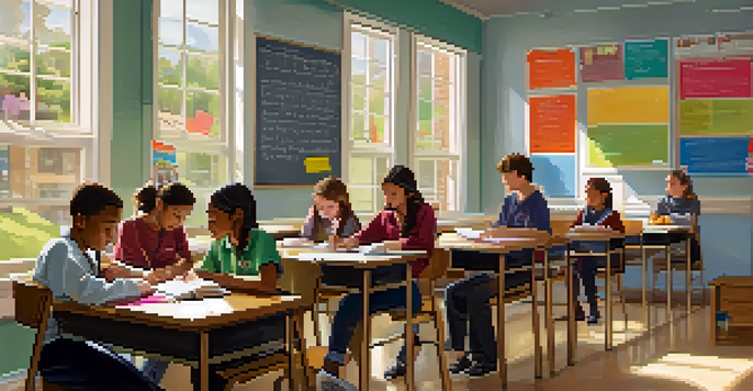A classroom filled with attentive students engaged with a teacher, surrounded by colorful educational materials and natural light.