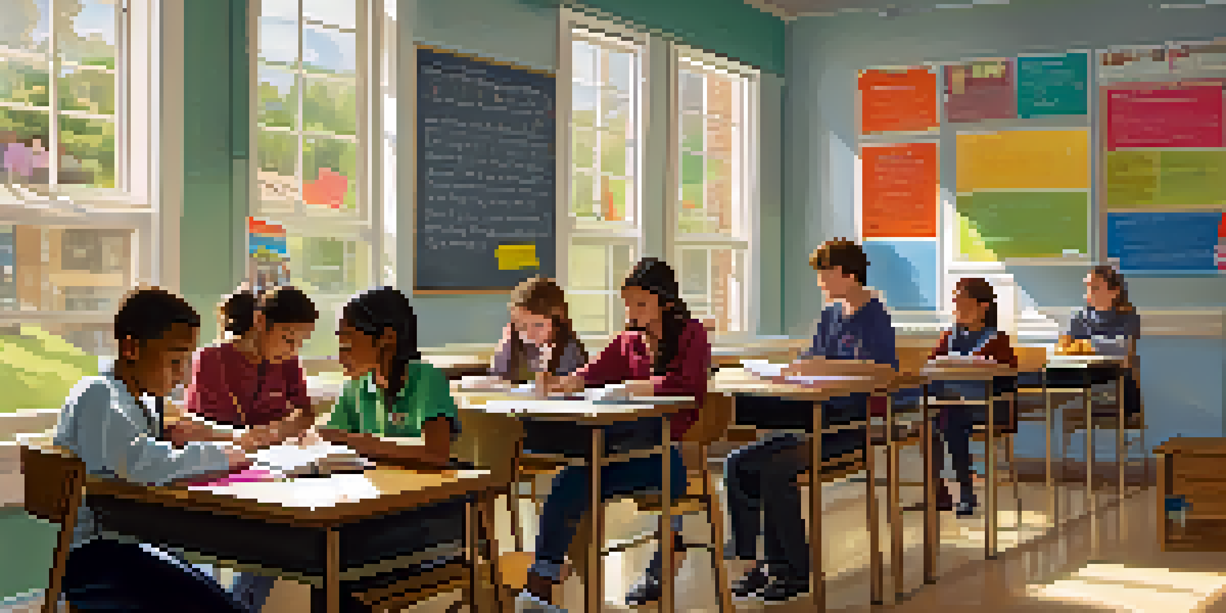 A classroom filled with attentive students engaged with a teacher, surrounded by colorful educational materials and natural light.