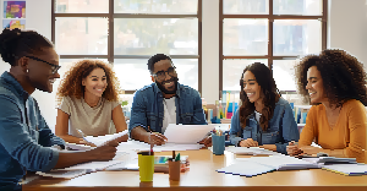 A diverse group of adult learners collaborating in a bright study group environment.