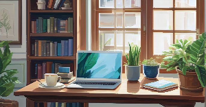 A cozy home study environment featuring a wooden desk with a laptop, a warm lamp, organized bookshelves, a cup of tea, and a potted plant.