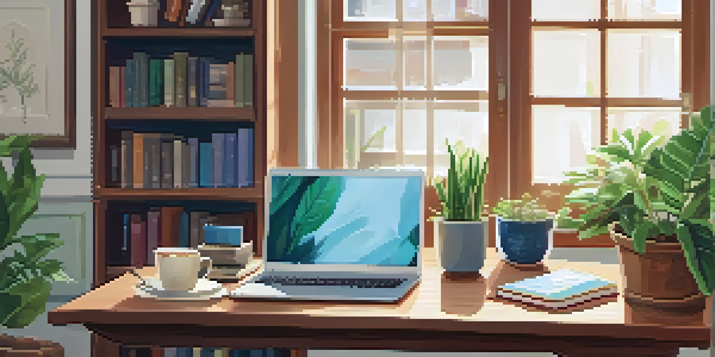 A cozy home study environment featuring a wooden desk with a laptop, a warm lamp, organized bookshelves, a cup of tea, and a potted plant.