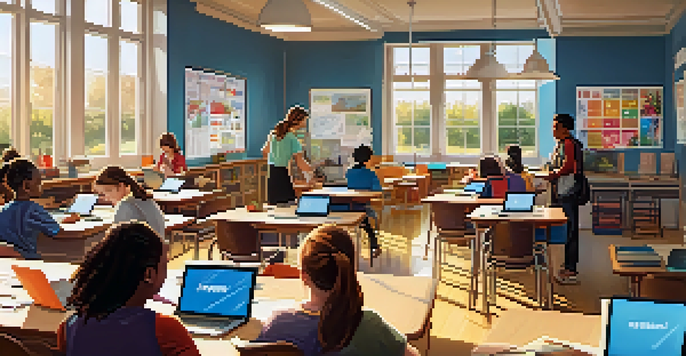 A lively classroom with students of various backgrounds using laptops and tablets, surrounded by educational posters and natural light from windows.