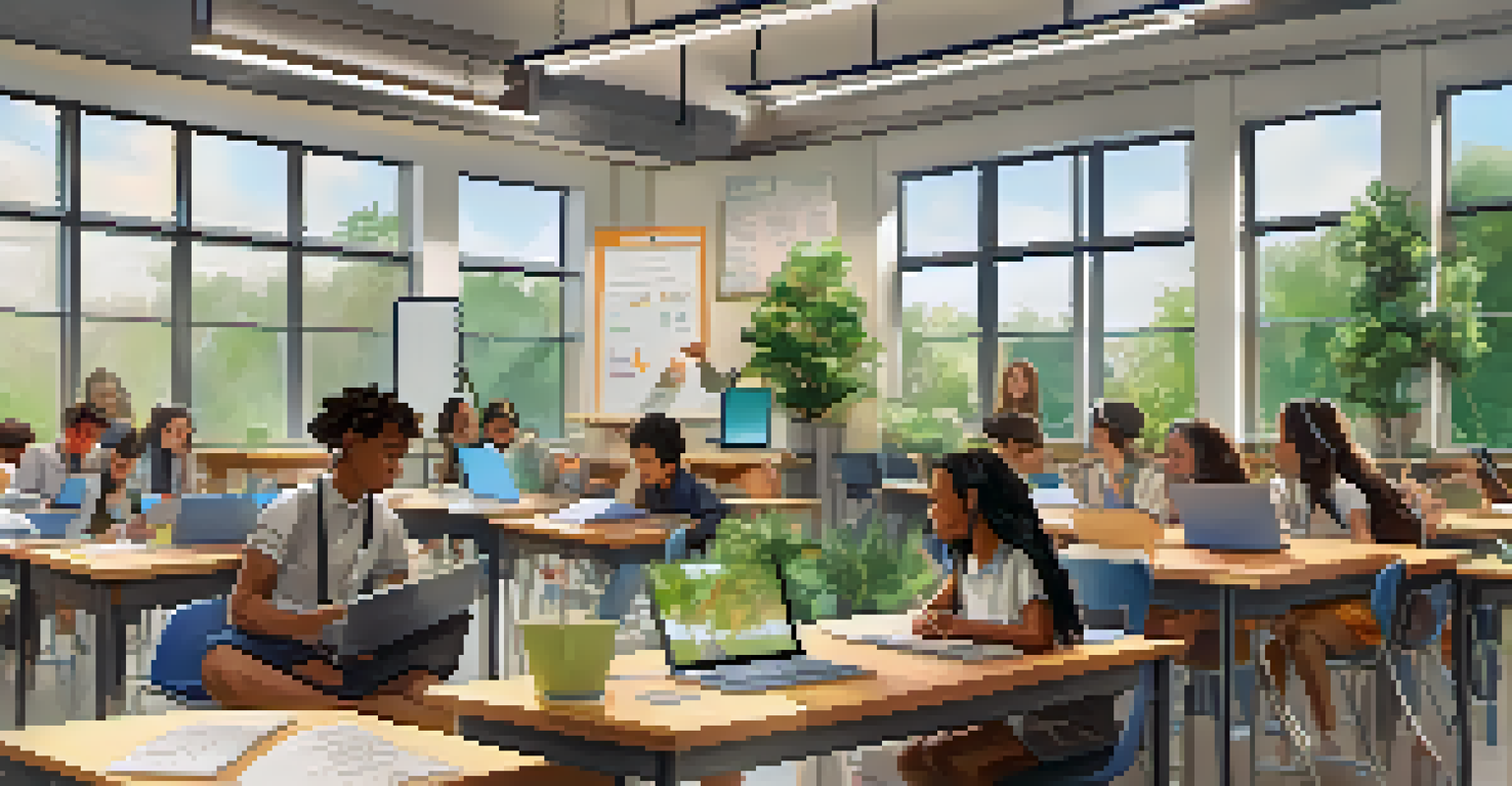 Students collaborating in a bright classroom, using technology to engage with learning analytics tools.