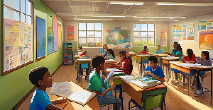 A diverse group of students working together in a classroom, with a volunteer helping one of them on a laptop, surrounded by educational materials and warm lighting.