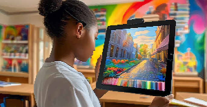 A student engaging with augmented reality technology in an art classroom, surrounded by art supplies and a mural, with sunlight illuminating the space.