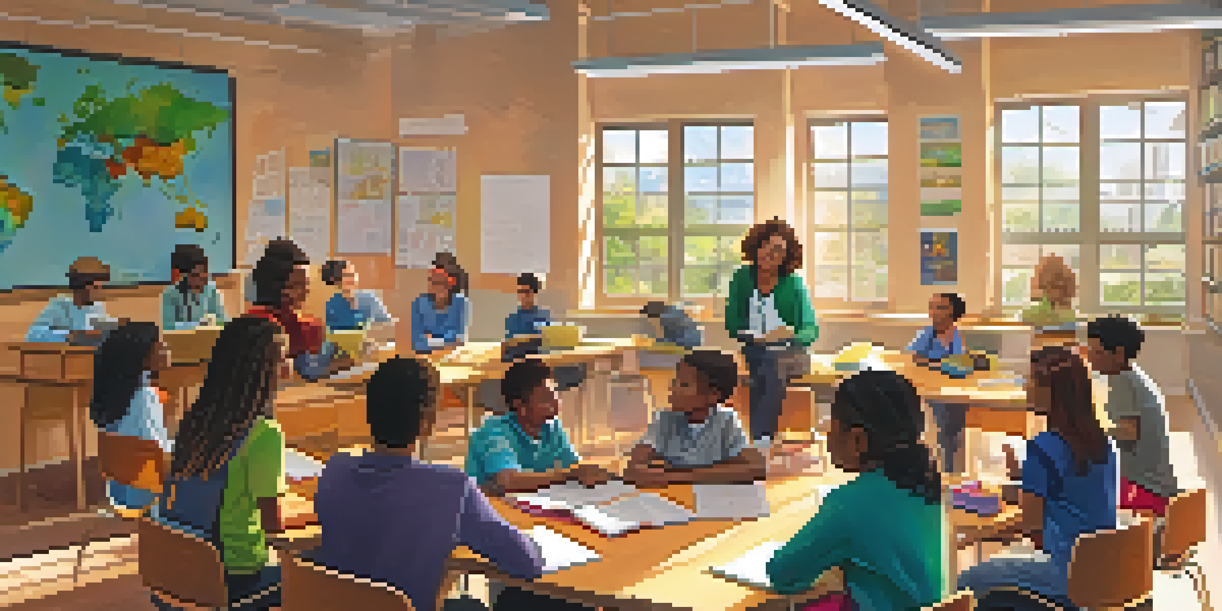A classroom with students of different backgrounds engaging in discussion and collaboration, with sunlight filtering through windows.