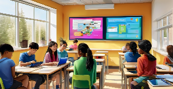 A vibrant classroom with students using technology and an AI tutor on a screen, showcasing personalized learning.