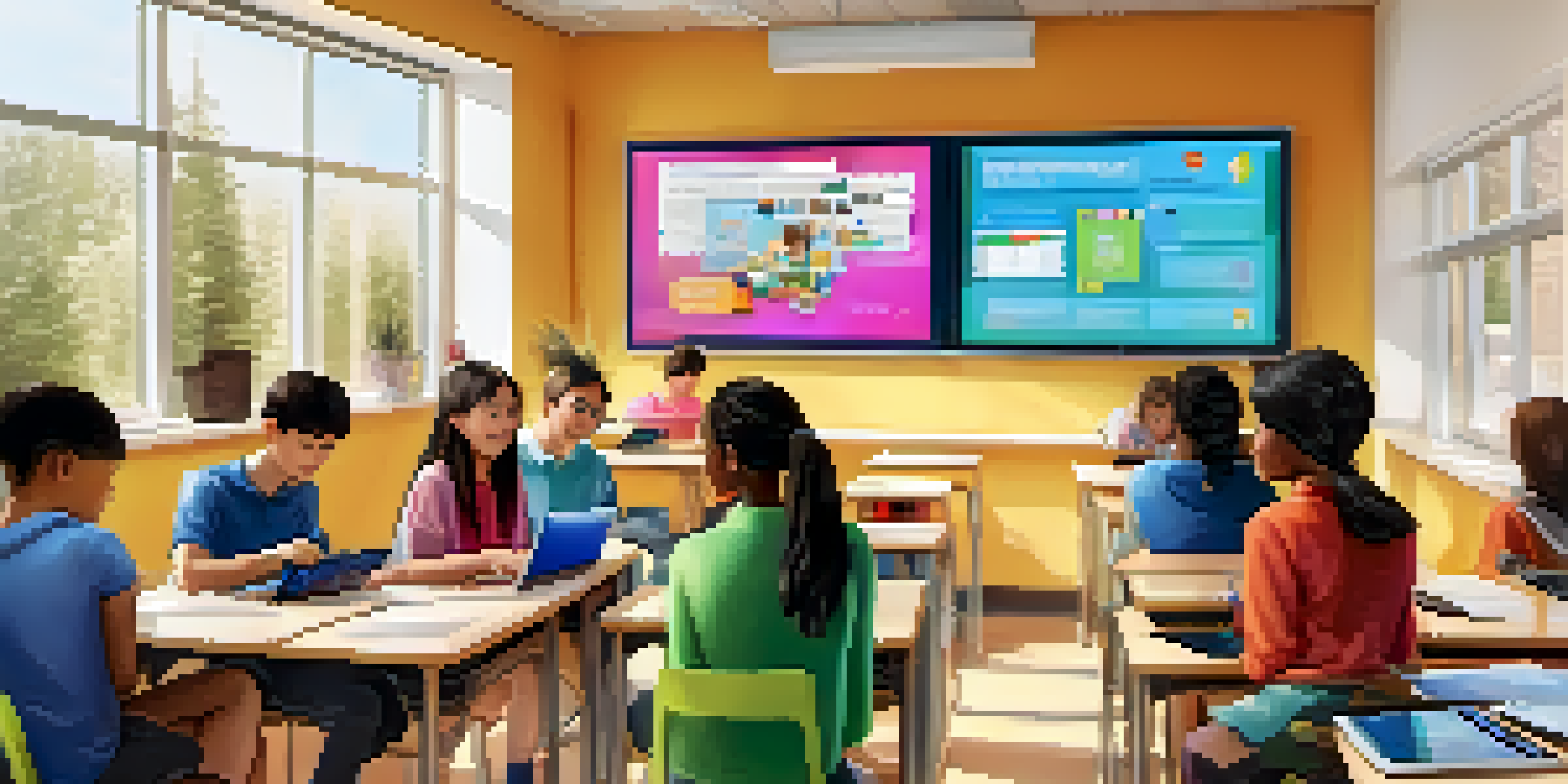 A vibrant classroom with students using technology and an AI tutor on a screen, showcasing personalized learning.