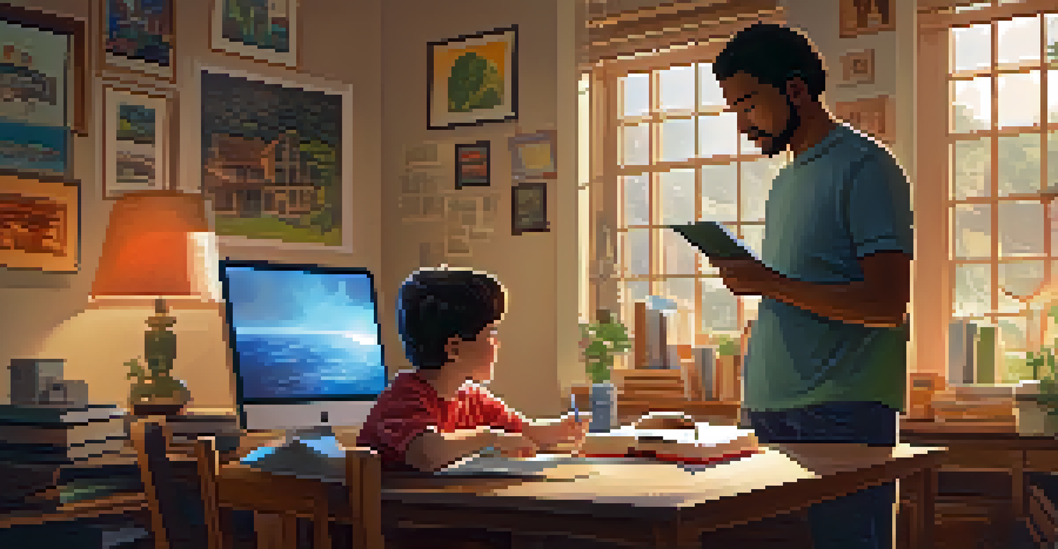 A parent and child collaborating on an interdisciplinary project in a cozy home study space filled with books and art supplies.