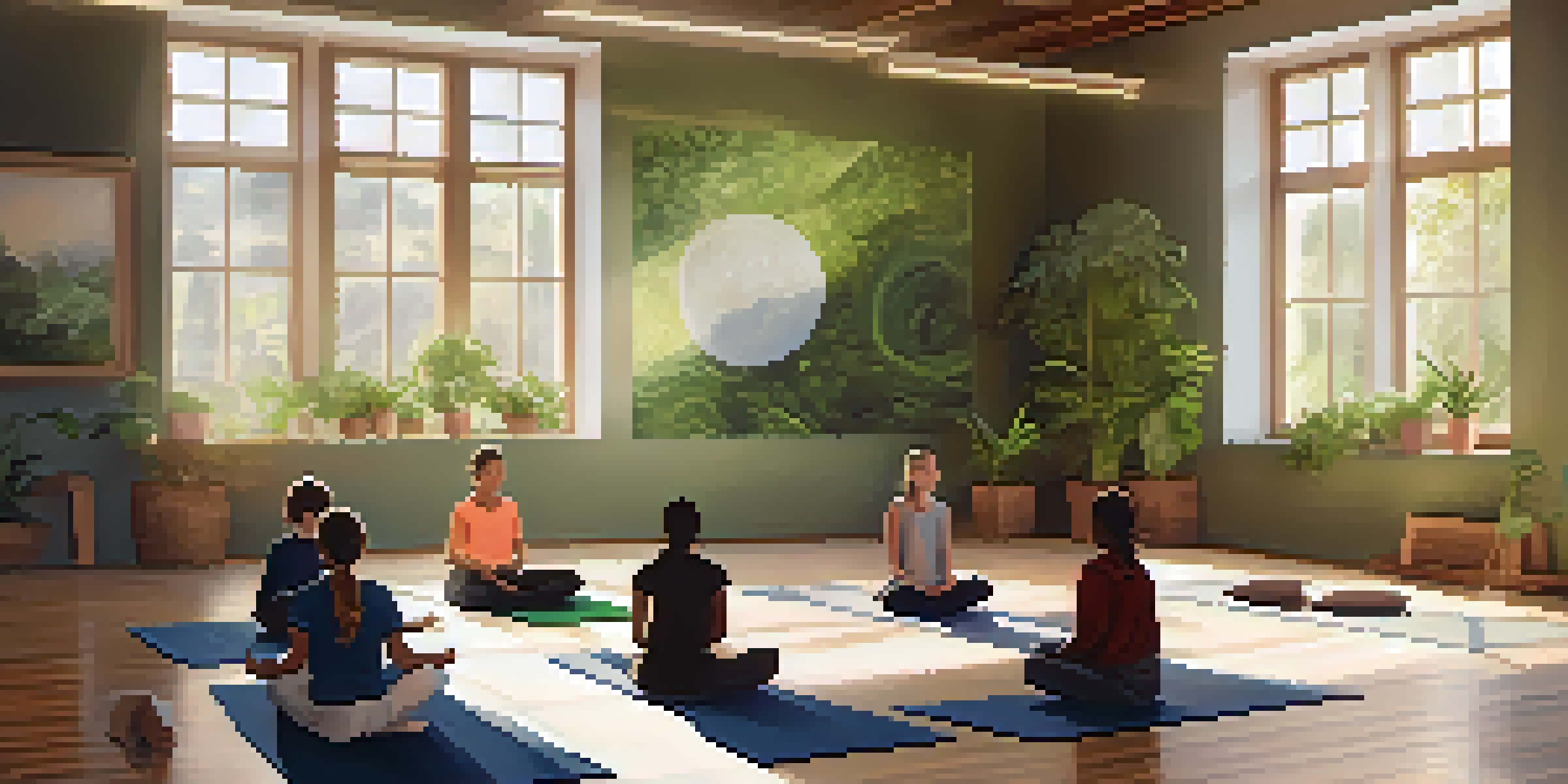 A tranquil classroom where students practice mindfulness on yoga mats in a circle, surrounded by plants and calming artwork.