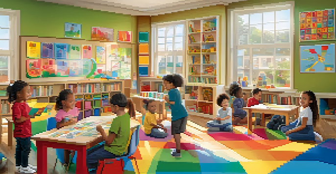 A bright classroom where children of diverse backgrounds are happily engaged in play-based learning activities like building blocks and art projects, with sunlight streaming in.