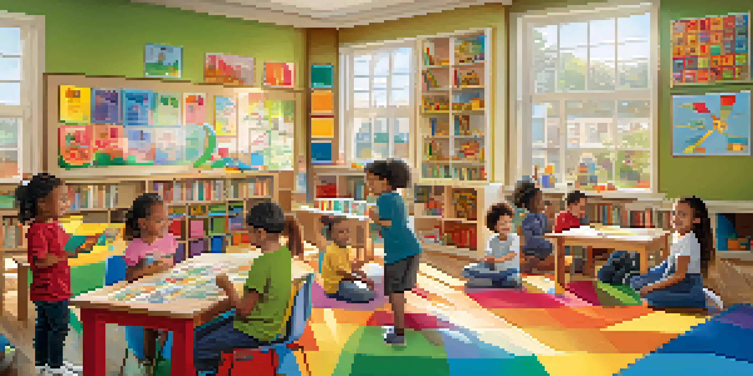 A bright classroom where children of diverse backgrounds are happily engaged in play-based learning activities like building blocks and art projects, with sunlight streaming in.