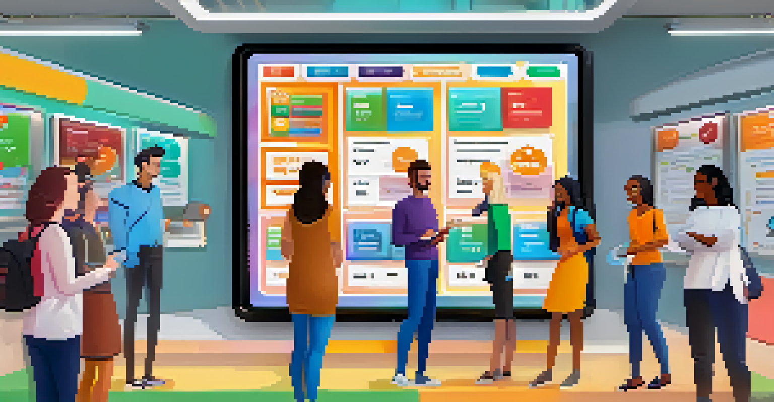 A diverse group of people engaging with a touchscreen displaying gamified microlearning activities, in a bright and modern setting.