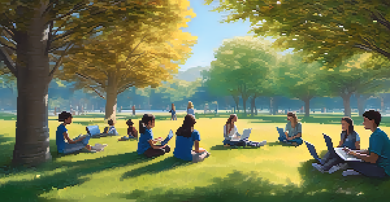 Students participating in outdoor learning activities on a sunny day, surrounded by nature and a mentor.