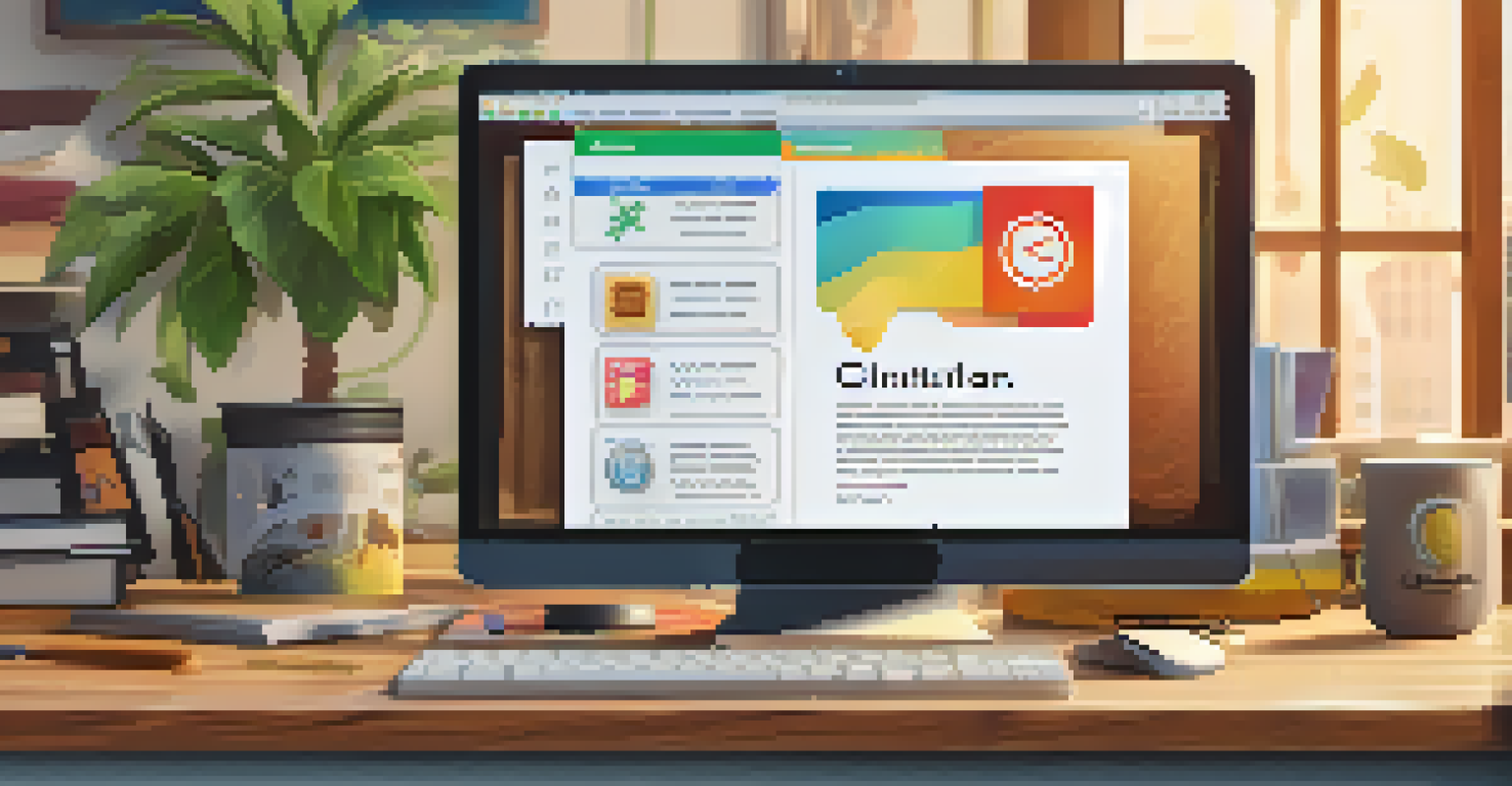 A close-up of a computer screen showing a digital badge on a wooden desk with a notebook and coffee cup.