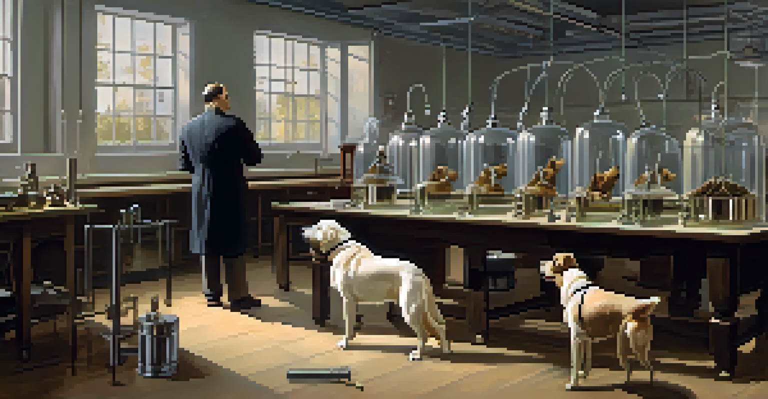 A dog in a lab setting, attentively responding to a bell, illustrating Pavlov's classical conditioning experiment.