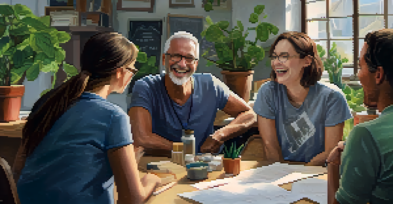 A close-up of adult learners sharing laughter and stories in a cozy workshop environment, surrounded by plants and comfortable seating.