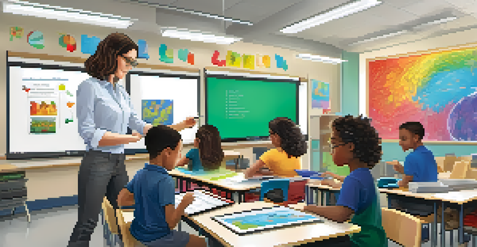 A teacher guiding students on a personalized project in a well-equipped classroom.