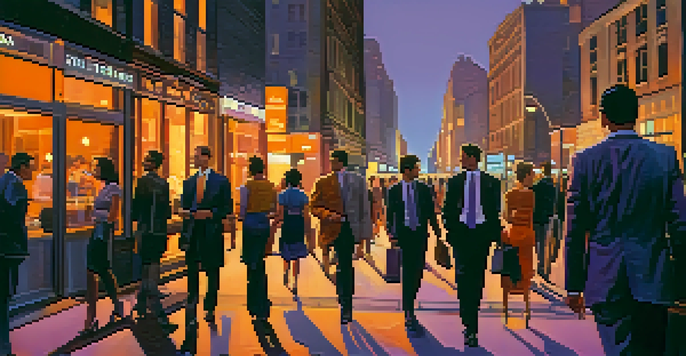 A dynamic urban street scene at twilight with young professionals in business attire walking and interacting in a lively city environment.