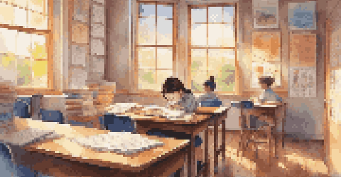 A teacher journaling in a brightly lit classroom, surrounded by student artwork and colorful stationery.