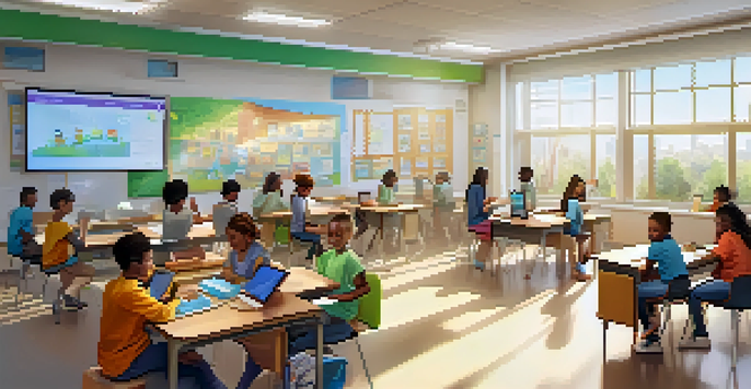 A modern classroom with diverse students collaborating on learning activities, using technology and colorful materials in a well-lit space.