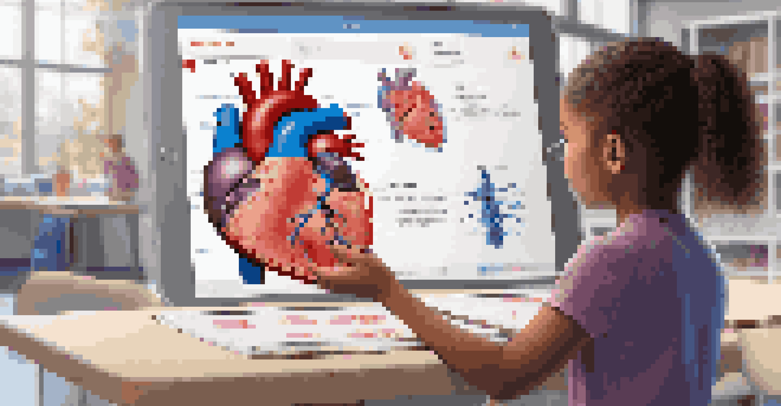 A young girl in a classroom using a tablet to view a 3D augmented reality heart model overlaying her anatomy textbook.