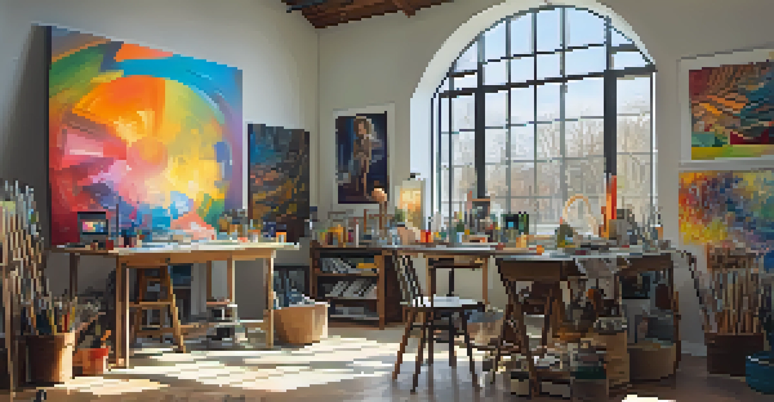 An artist's studio filled with a mix of traditional and modern art, illuminated by natural light.