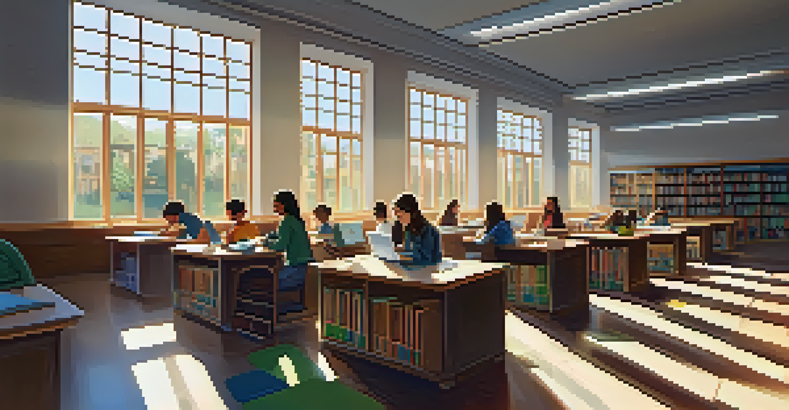 Students collaborating and studying in a bright school library filled with books and natural light.