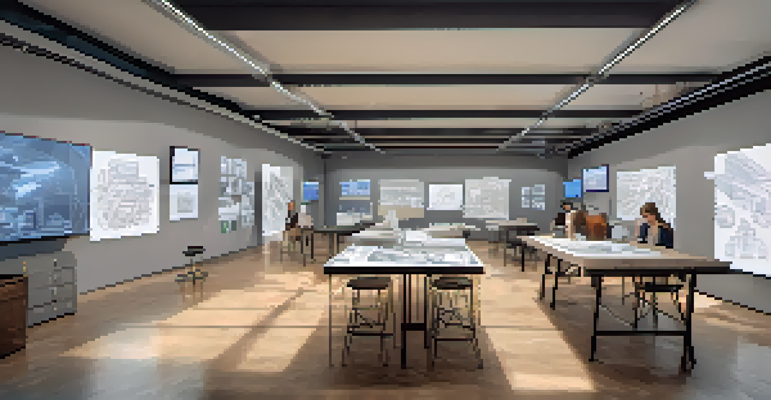 Students in an architectural design studio using augmented reality to visualize 3D models, surrounded by design materials and screens.