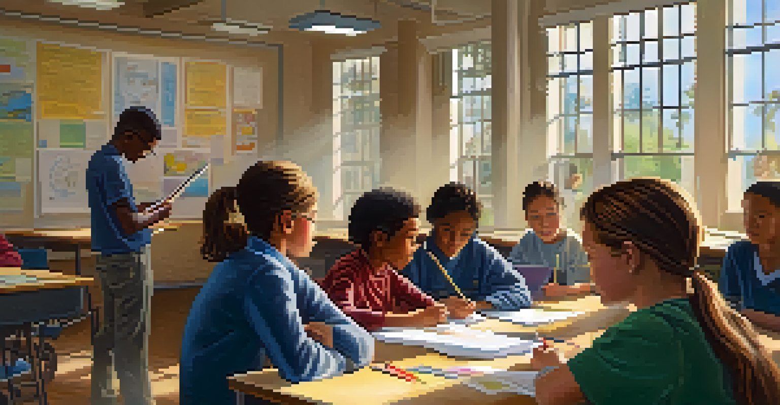 An educator observing engaged students working on a group project in a colorful classroom filled with artwork and sunlight.