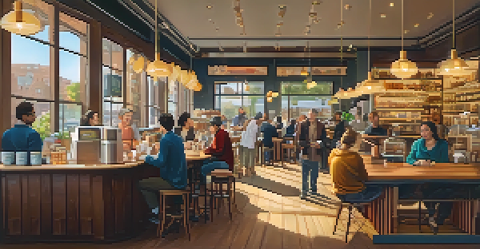 A vibrant coffee shop with diverse people chatting, warm lighting, and pastries on display.