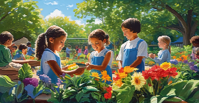 Children exploring a garden, examining leaves and flowers in a sunny outdoor classroom.