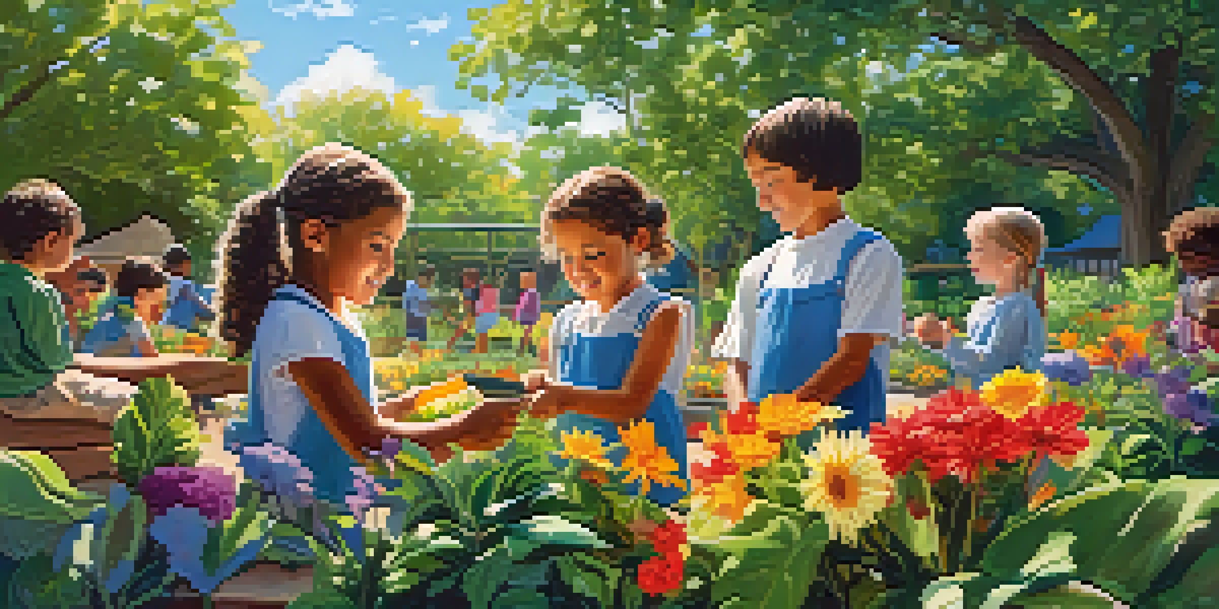 Children exploring a garden, examining leaves and flowers in a sunny outdoor classroom.
