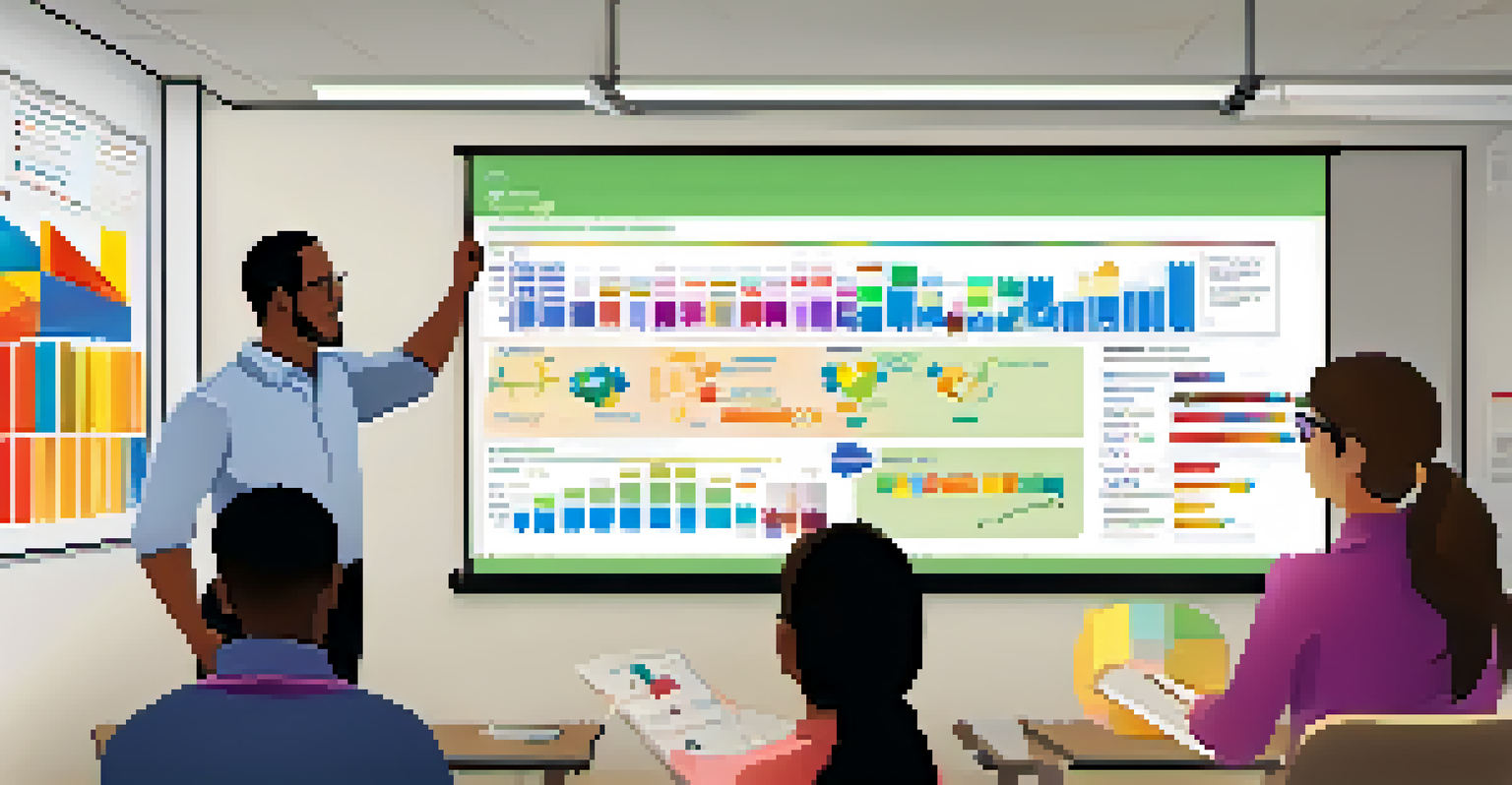 An instructor explaining digital assessment tools to students in a colorful classroom.