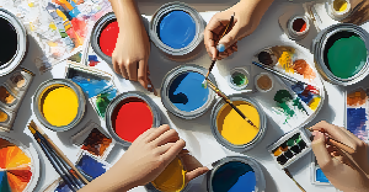 Close-up of diverse student hands collaborating on an art project with various cultural designs.
